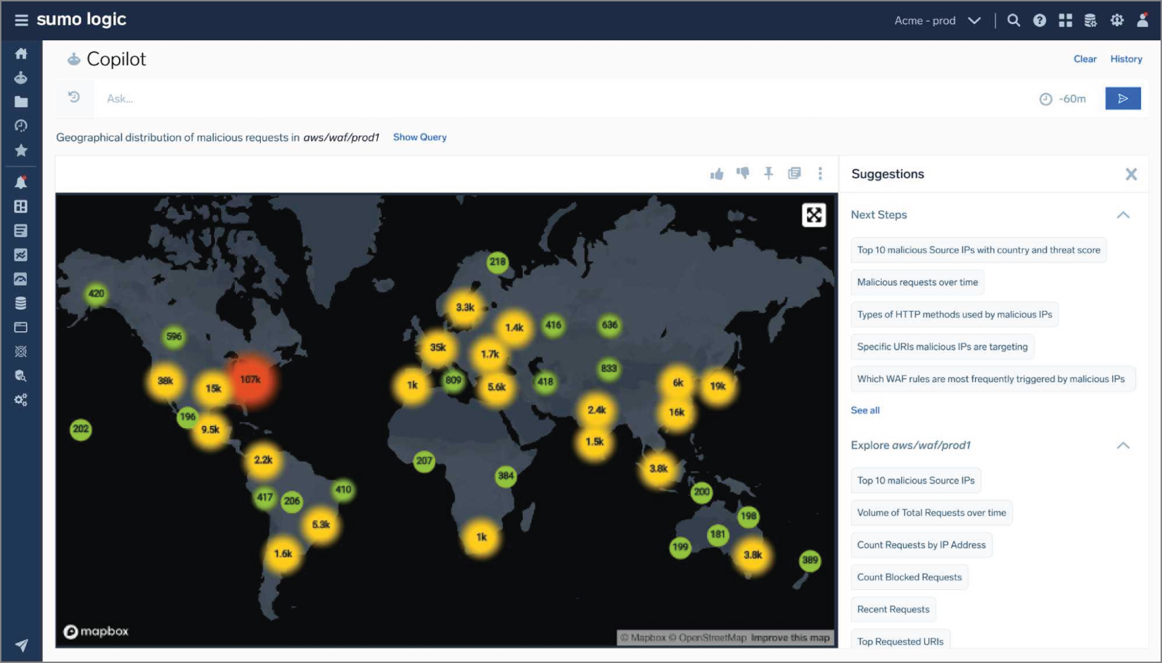 世界地圖視覺化，顯示惡意請求的地理分佈。