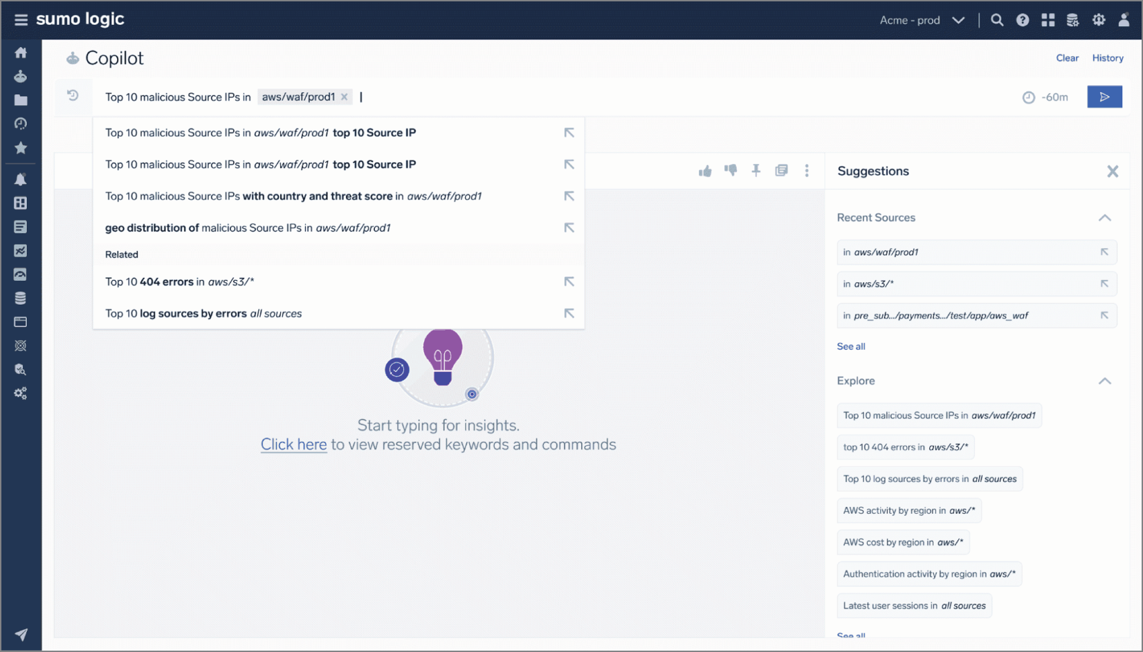Copilot 的查詢自動完成，提供與惡意來源、錯誤、log source 相關的提示。