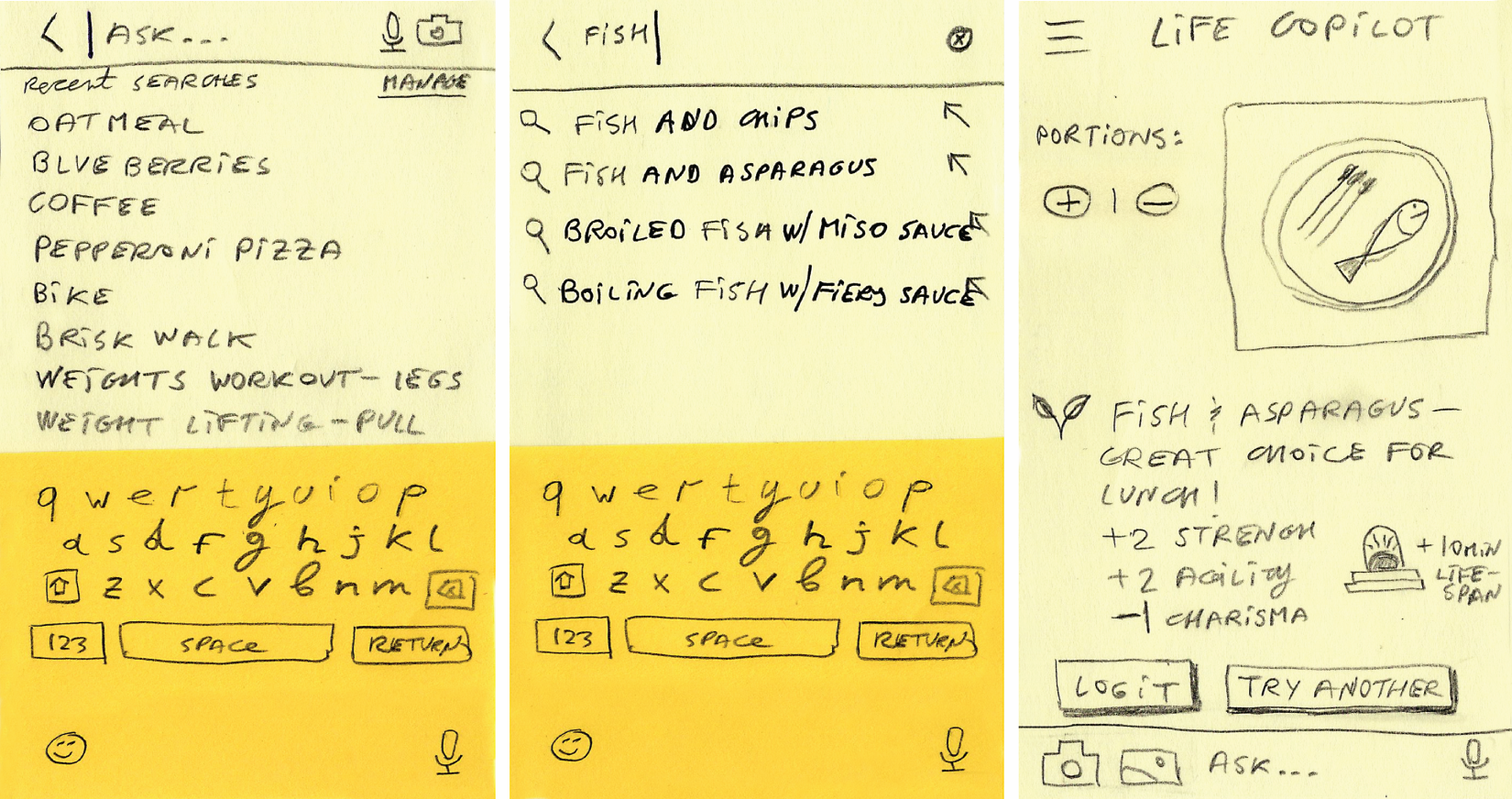 A combined flow showing history, suggestions, restating, and next steps in one experience.
