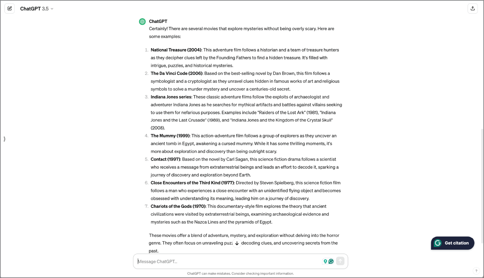 ChatGPT results focusing on movies for the same query.
