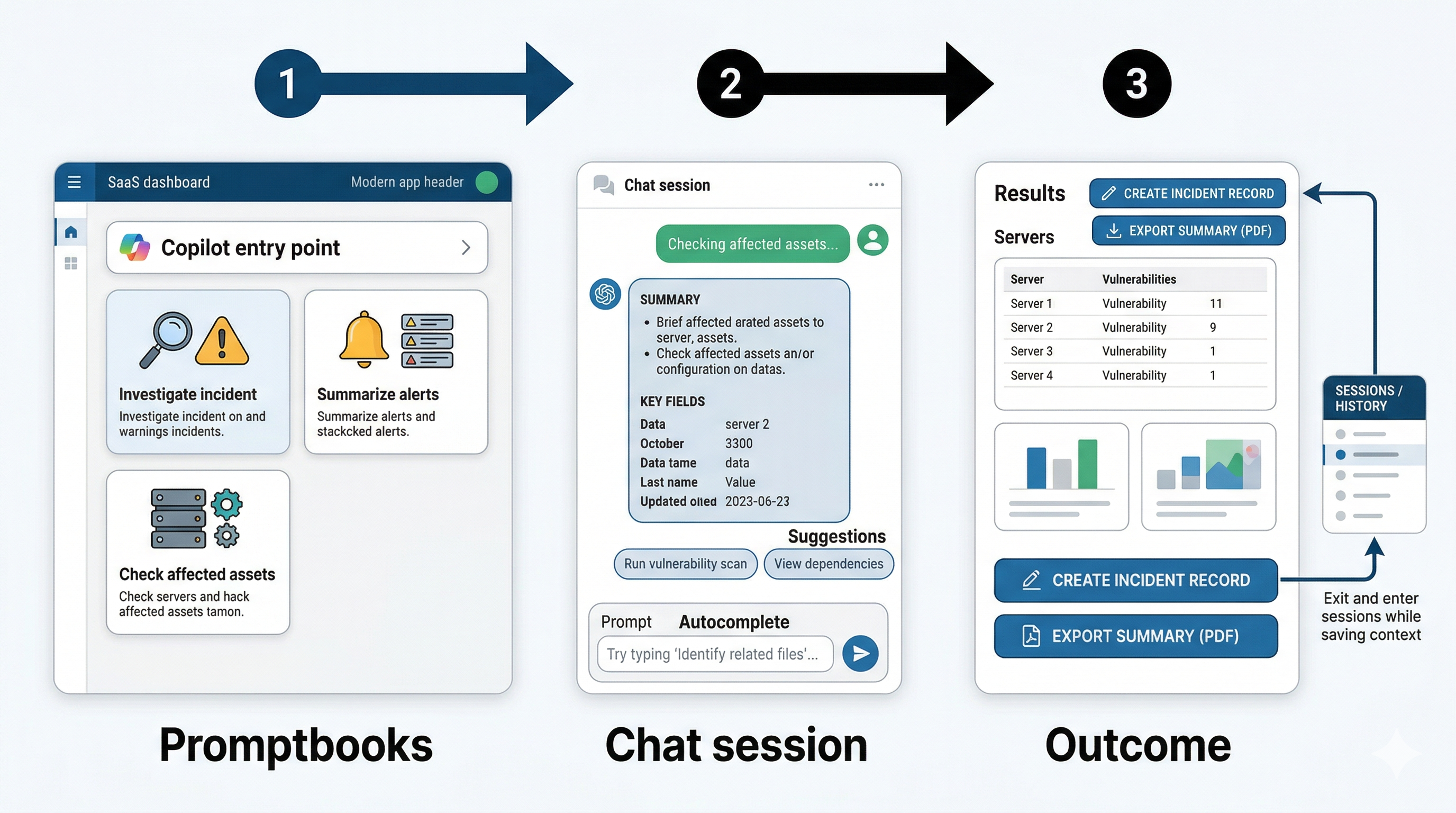 A flow showing promptbooks leading to chat, next-step suggestions, autocomplete, and actionable outputs.
