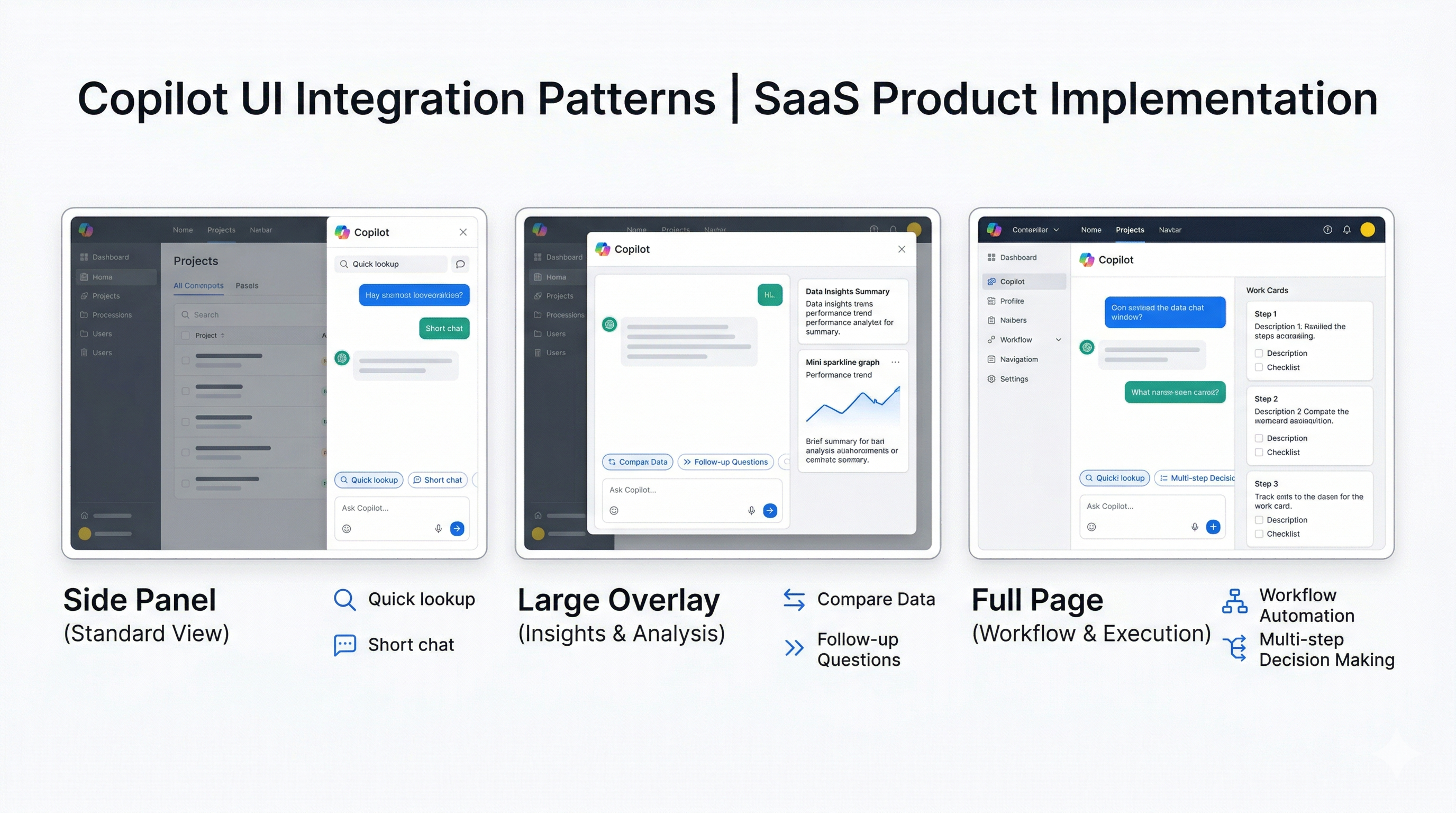 Three SaaS Copilot layout patterns: side panel, large overlay, and full page.