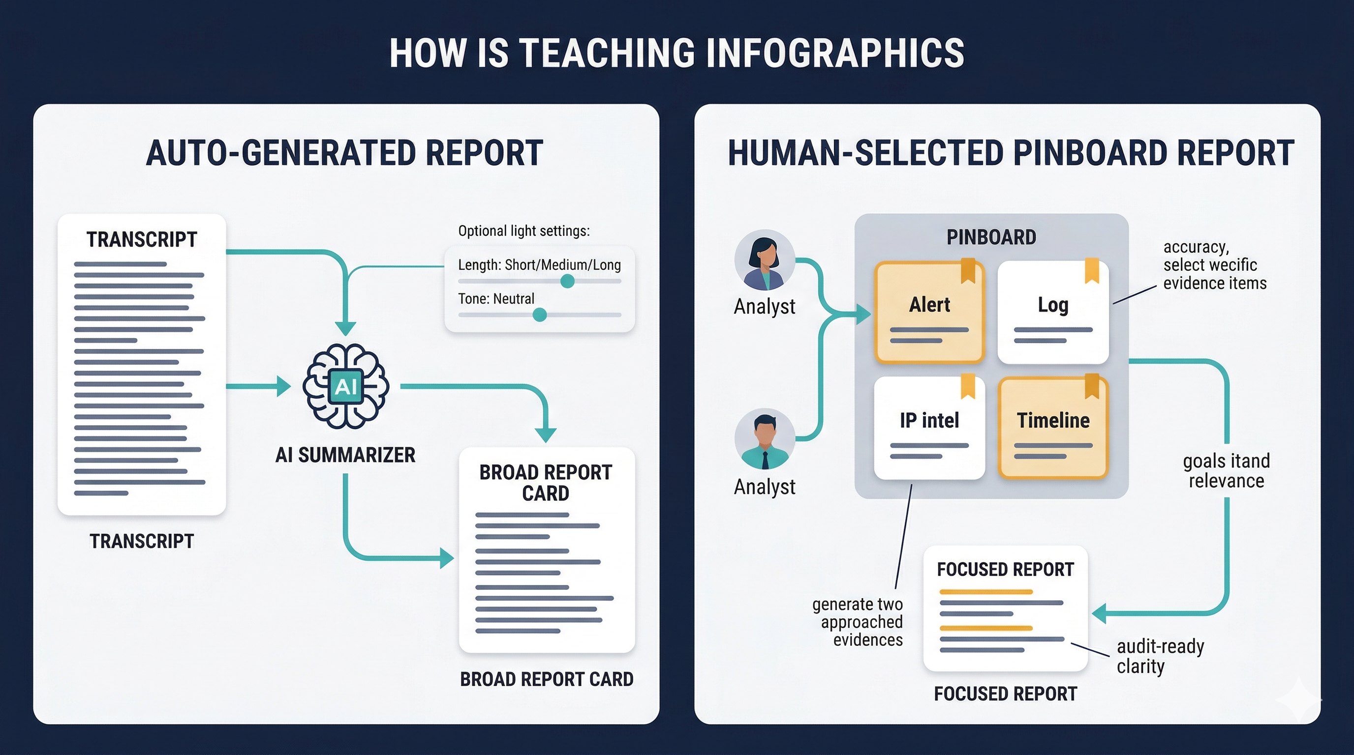 A comparison of auto-generated reports versus human-selected pinboard reports, emphasizing accuracy and relevance.