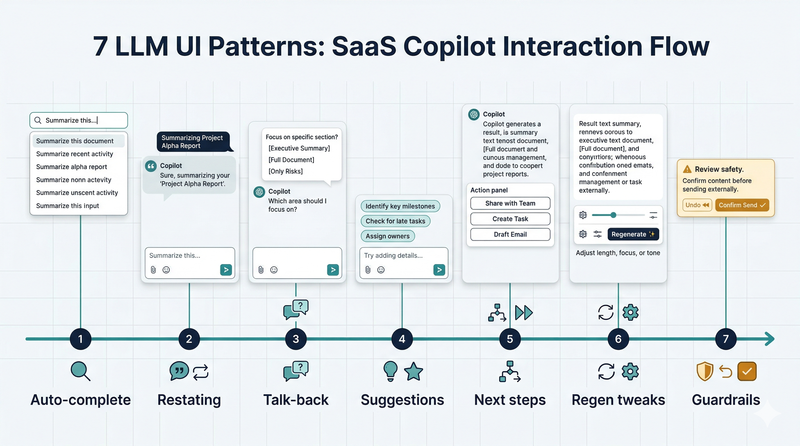 A learning map that places seven LLM UI patterns along a single interaction flow.