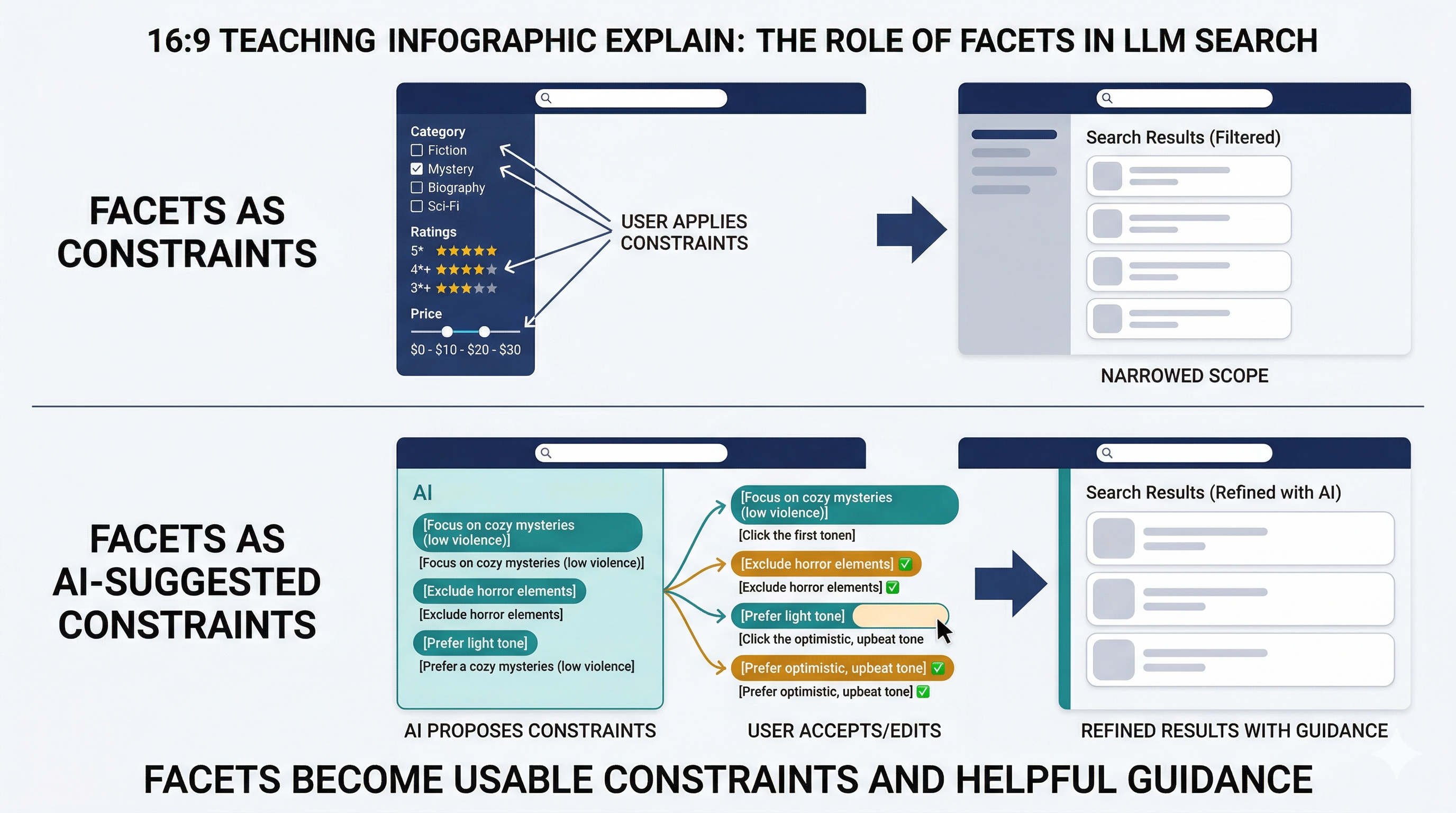 A diagram showing facets used as classic constraints versus AI-suggested constraints in LLM search.